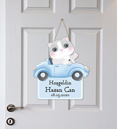 İsme Özel Bebek Odası Ahşap Kapı Süsü - Kedi Figürlü