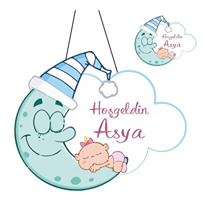 Kişiye Özel Bebek Kapı Süsü Ve 50 Adet Magnet Seti Uyuyan Ay