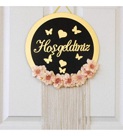 Hoşgeldiniz Yazılı Siyah ve Gold Süslü Kapı Süsü
