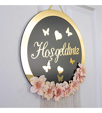 Hoşgeldiniz Yazılı Siyah ve Gold Süslü Kapı Süsü