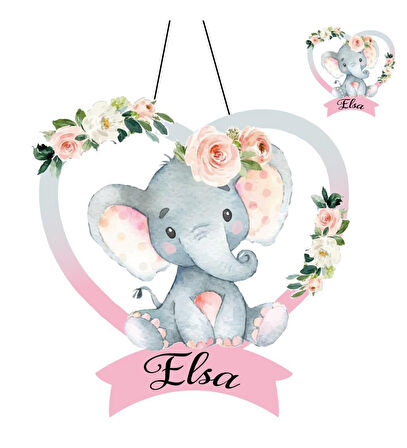 Kişiye Özel Bebek Kapı Süsü Ve  50 Adet Magnet Seti Kalp Fil