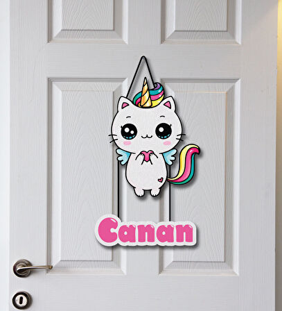 Meşgalem Unicorn Kedi Temalı Kişiye Özel Kapı Süsü