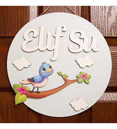 İsme Özel Küçük Kuş Tasarımlı Çocuk Odası Kapı Süsü