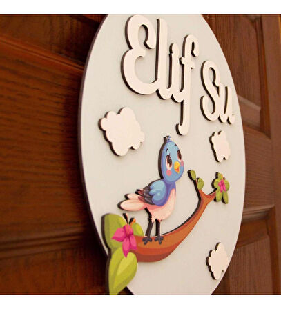 İsme Özel Küçük Kuş Tasarımlı Çocuk Odası Kapı Süsü