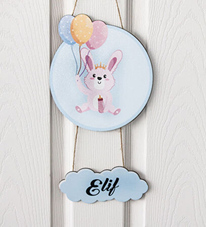 Meşgalem Balon Tutan Yavru Tavşan Temalı Kişiye Özel Kapı Süsü