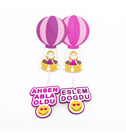 Meşgalem Pembe Uçan Balonda Kardeşler Temalı Kişiye Özel Kapı Süsü