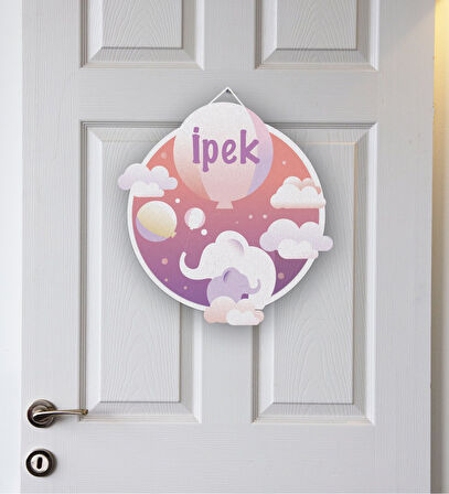 İsme Özel Fil ve Gökyüzü Temalı Çocuk Odası Kapı Süsü