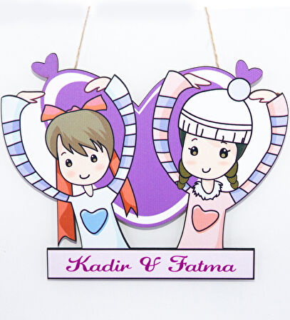 Meşgalem Mor Kalpli Kardeş Temalı Kişiye Özel Kapı Süsü