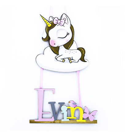 Meşgalem Bulut Üstünde Uyuyan Unicorn Temalı Kişiye Özel Kapı Süsü