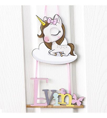 Meşgalem Bulut Üstünde Uyuyan Unicorn Temalı Kişiye Özel Kapı Süsü