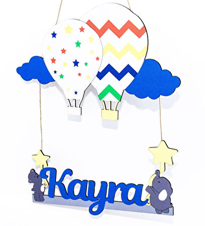 Meşgalem Mavi Bulutlu Kapadokya Balonu Temalı Kişiye Özel Kapı Süsü