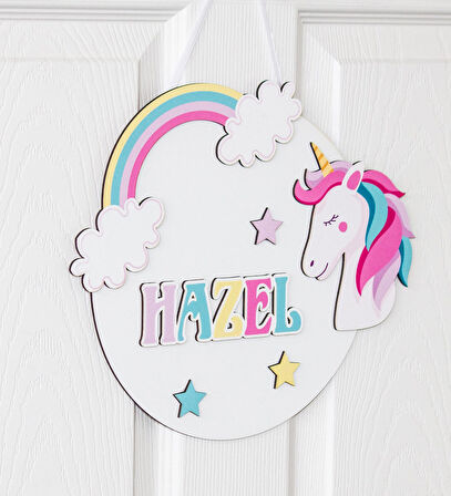 İsme Özel 3D Unicorn Bebek & Çocuk Odası Ahşap Kapı Süsü