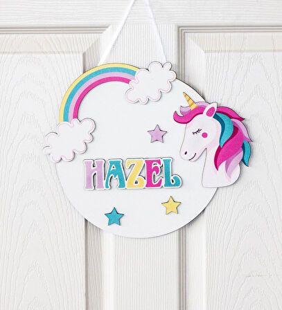İsme Özel 3D Unicorn Bebek & Çocuk Odası Ahşap Kapı Süsü