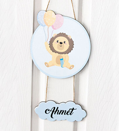 Meşgalem Balon Tutan Yavru Aslan Temalı Kişiye Özel Kapı Süsü