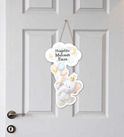 Meşgalem Balon Tutan Fil Yavrusu Temalı Kişiye Özel Kapı Süsü