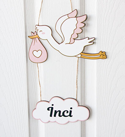 Meşgalem Pembe Uçan Leylek ve Bulut Temalı Kişiye Özel Kapı Süsü