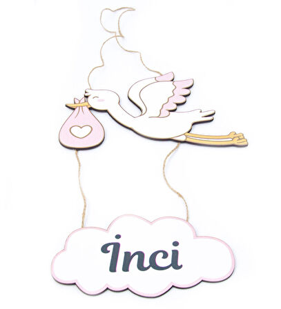 Meşgalem Pembe Uçan Leylek ve Bulut Temalı Kişiye Özel Kapı Süsü