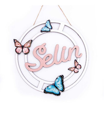 Kişiye Özel 3D Bebek Ahşap Kapı Süsü Kelebekli Çiçekli 30x30cm