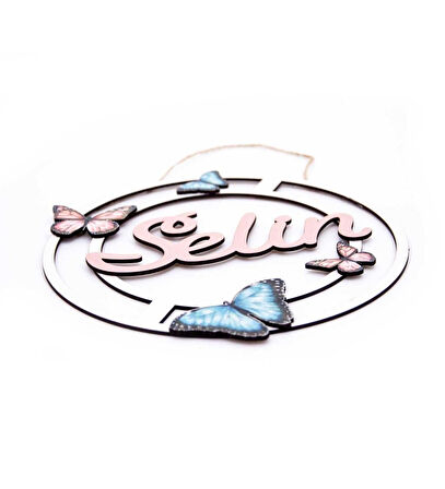 Kişiye Özel 3D Bebek Ahşap Kapı Süsü Kelebekli Çiçekli 30x30cm