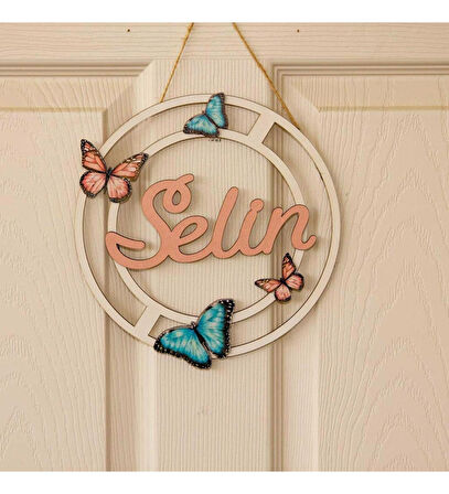 Kişiye Özel 3D Bebek Ahşap Kapı Süsü Kelebekli Çiçekli 30x30cm