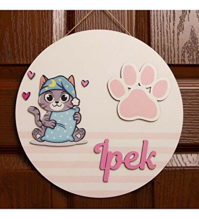 İsme Özel Kedicik Temalı Ayak İzli Çocuk Odası Kapı Süsü