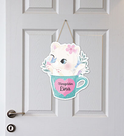 İsme Özel Bebek Odası Ahşap Kapı Süsü - Kedi Figürlü