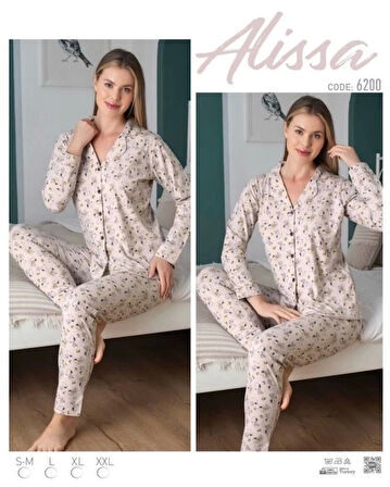 Alissa 6200 Bayan Önü Düğmeli Desenli Pijama Takımı