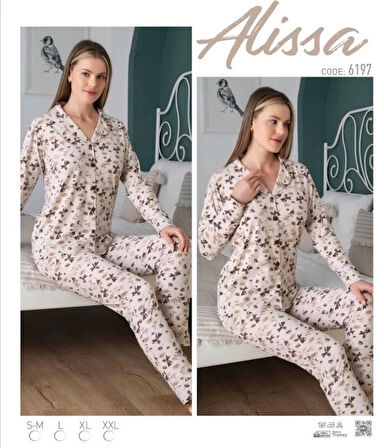 Alissa 6197 Bayan Önü Düğmeli Desenli Pijama Takımı