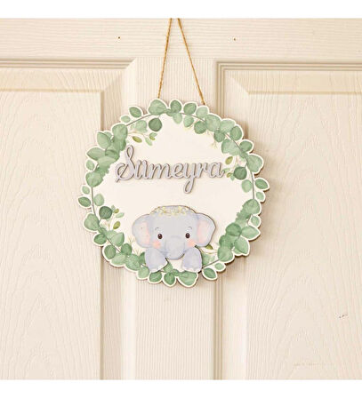 Kişiye Özel Tatlı Fil Kapı Süsü 30x30cm