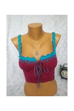 CROP TOP BÜSTİYER VİŞNE -MAVİ RENK HANDMADE