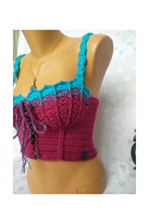 CROP TOP BÜSTİYER VİŞNE -MAVİ RENK HANDMADE