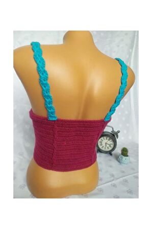 CROP TOP BÜSTİYER VİŞNE -MAVİ RENK HANDMADE