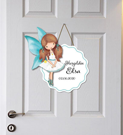 Meşgalem Mavi Kanatlı Güzel Kız Temalı Kişiye Özel Kapı Süsü