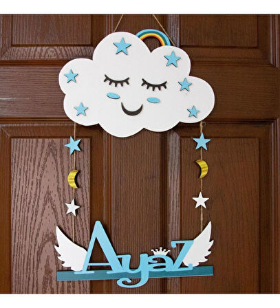 Meşgalem Gülümseyen Mavi Bulut ve Melek Kanatlı Temalı Kişiye Özel Kapı Süsü