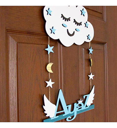 Meşgalem Gülümseyen Mavi Bulut ve Melek Kanatlı Temalı Kişiye Özel Kapı Süsü