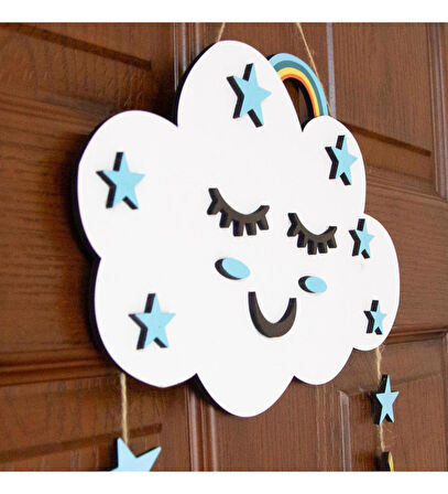 Meşgalem Gülümseyen Mavi Bulut ve Melek Kanatlı Temalı Kişiye Özel Kapı Süsü