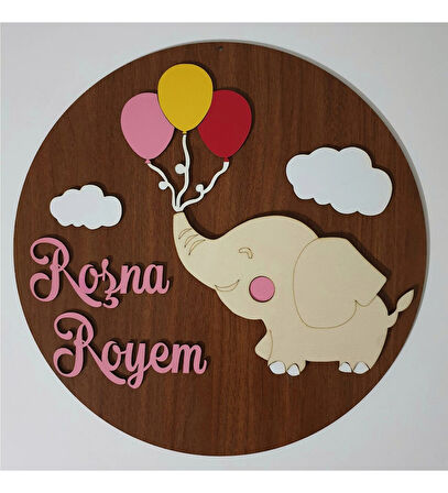 İsme Özel Fil ve Balon Temalı Çocuk Odası Kapı Süsü