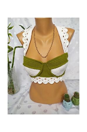 CROP TOP BÜSTİYER ZEYTİN YEŞİLİ BEYAZ RENK HANDMADE