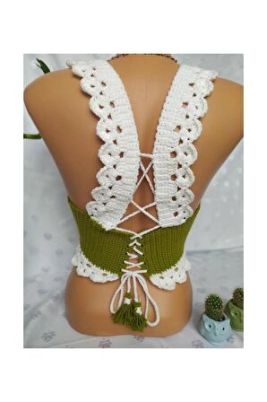 CROP TOP BÜSTİYER ZEYTİN YEŞİLİ BEYAZ RENK HANDMADE