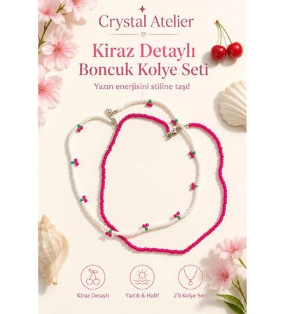 Kadın Pembe Kiraz Figürlü İkili Kum Boncuk Kolye Seti - Y2K Yazlık