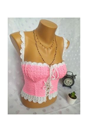 CROP TOP BÜSTİYER ŞEKER PEMBE BEYAZ RENK HANDMADE