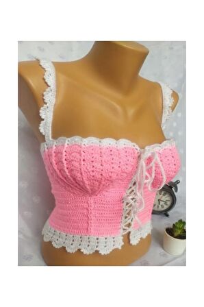 CROP TOP BÜSTİYER ŞEKER PEMBE BEYAZ RENK HANDMADE