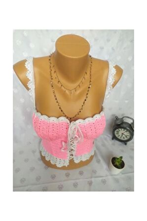 CROP TOP BÜSTİYER ŞEKER PEMBE BEYAZ RENK HANDMADE