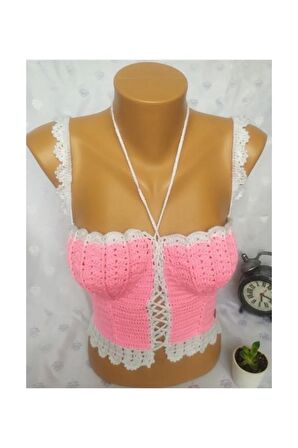 CROP TOP BÜSTİYER ŞEKER PEMBE BEYAZ RENK HANDMADE