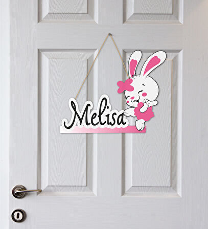 İsme Özel Sevimli Tavşan Temalı Çocuk Odası Kapı Süsü