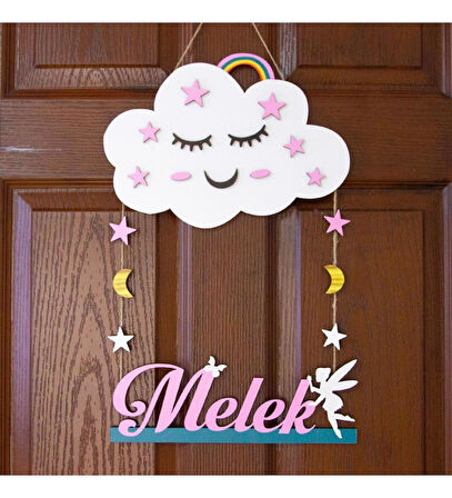 Meşgalem Gülümseyen Pembe Bulut ve Peri Kızı Temalı Kişiye Özel Kapı Süsü