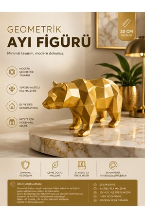 Geometrik Ayı Figürü 20 cm - Modern Dekoratif 3D Baskı Ayı Heykeli