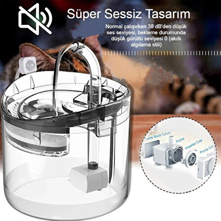 Hareket Sensörlü Otomatik Pet Su Çeşmesi Şeffaf Tasarım - 2L Kapasiteli Kedi Köpek Sebil Musluk, Sessiz Pompa, Filtreli 