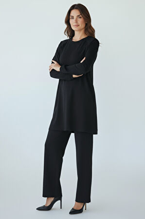 KADIN TUNİK ÖNÜ DİKİŞLİ ALTI BANTLI PANTOLONUN BELİ LASTİKLİ ÖNÜ DİKİŞLİ İKİLİ TAKIM