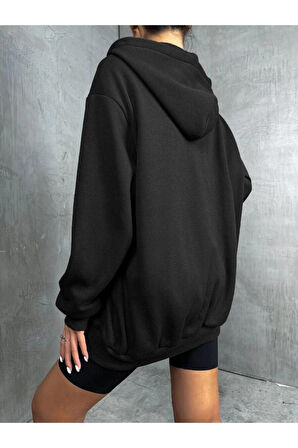 Kadın Siyah Fermuarlı Kapüşonlu Oversize Hırka